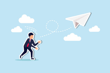 Obraz premium Start your own business, begin new company or launch new project, opportunity to get new job or entrepreneur small business concept, courage businessman launching paper airplane origami into the sky.
