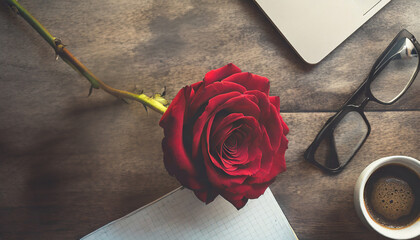 Red rose, coffee, notebook, desk top, top view, close-up