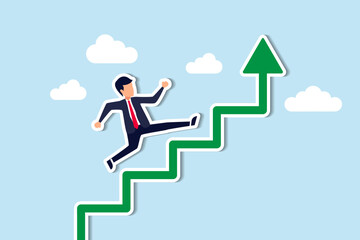 Improvement or career growth, stairway to success, growing income or improve skill to achieve business target concept, confidence businessman step walking up stair of success with rising up arrow.