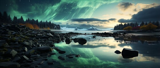 Aurora borealis over lake and mountains landscape