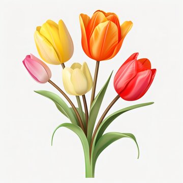 Five tulips of different colors