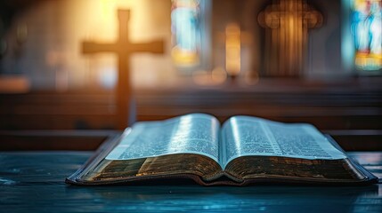 Opening book of Holy Bible with text on blurred cross background 