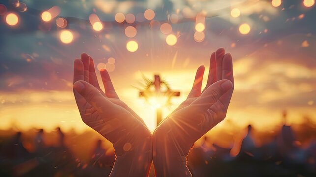 Nativity Christmas concept: Many people open empty hands with palm up over blurred cross and crown of thorns at sunset background 