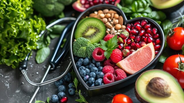 Nutritional food for heart health wellness by cholesterol diet and healthy nutrition eating with clean fruits and vegetables in heart dish by nutritionist 