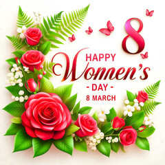 Happy women's day background design with decoration read rose and naturally green leaf 