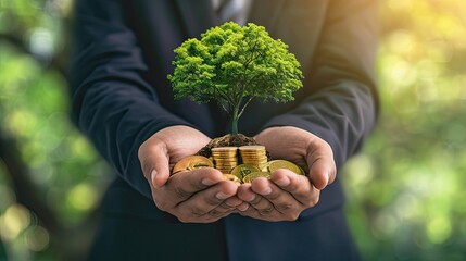 Naklejka na ściany i meble Socially responsible investing concept: Businessman hands holding stacks of golden coins and big tree on blurred green forest background 
