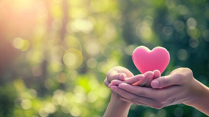 World health day concept: Human hands holding pink heart over blurred nature background 