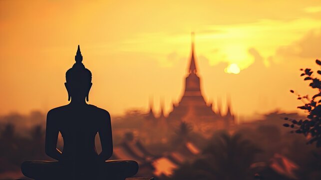Waisak day concept: Sepia tone, silhouette Budha with blurred tourist attraction on sunset background