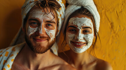 Happy couple doing facial mask