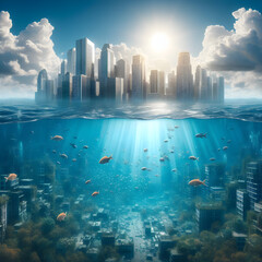 Climate Change Apocalypse: A submerged cityscape, partially submerged under rising tides, with skyscrapers half-drowned and choked by encroaching waters.
