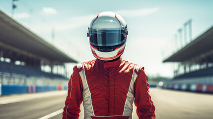 concept racer,Man dressed as a racer, Motorsport car racer in race car track.