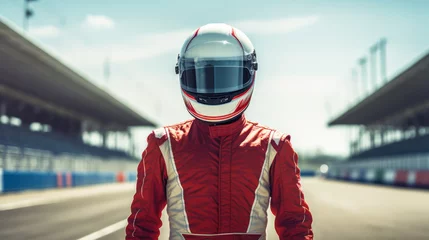 Fototapeten concept racer,Man dressed as a racer, Motorsport car racer in race car track. © CStock