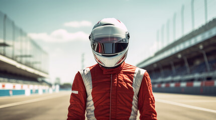 concept racer,Man dressed as a racer, Motorsport car racer in race car track. - obrazy, fototapety, plakaty