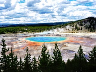 Spectacular panoramic views of Grand Prismatic Geyser in Yellowstone National Park, Wyoming...
