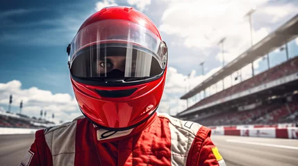 Foto op Canvas concept racer,Man dressed as a racer, Motorsport car racer in race car track. © CStock