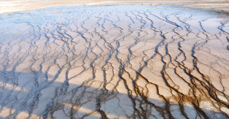 Spectacular panoramic views of Grand Prismatic Geyser in Yellowstone National Park, Wyoming...
