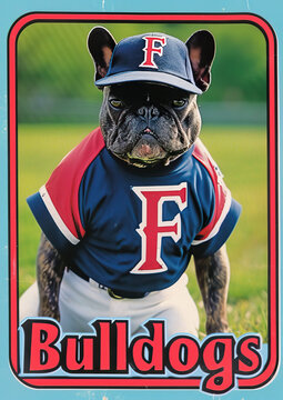 French Bulldog baseball trading card baseball field background