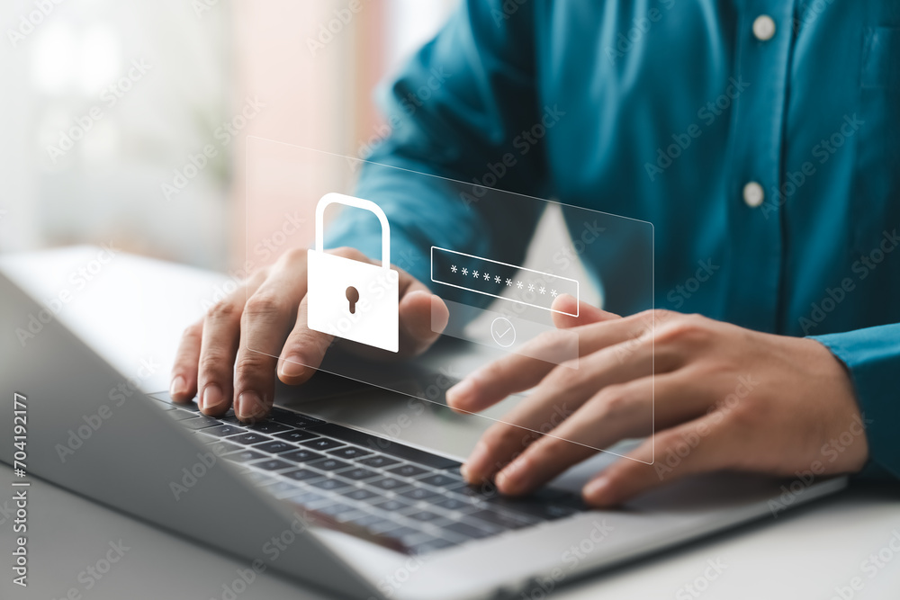 Wall mural cybersecurity protects login and secure internet access, businessman using laptop internet network f