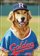 Golden retriever baseball trading card baseball field background