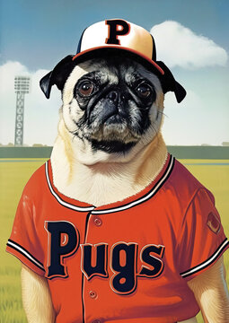 Pug Dog Baseball trading card on the baseball field player