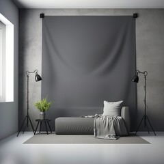 A sofa in a room with a gray wall and two tripod floor lamps