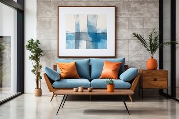 Blue sofa in a modern living room