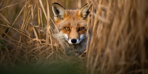 Red fox peeks out from tall grass