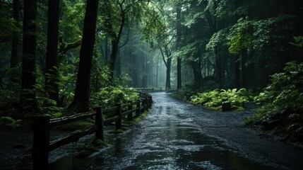 Obraz premium Display of a muddy lane in the midst of a dense forest, a dense green forest soaked by rain with scarce sunlight