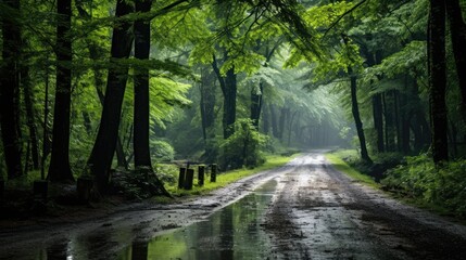 Obraz premium Landscape of a muddy street amidst a thick woodland, a vibrant green forest dampened by rain with limited sunlight