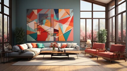 Modern living room interior with large colorful painting - obrazy, fototapety, plakaty