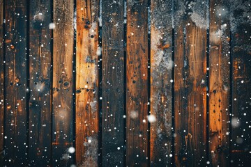 Rustic wooden background with a winter scene and many wooden slats with copy space
