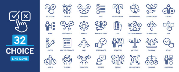 Choice icon set. Decision, selection, choose, list, decide, possibility, preferences, option and more. Outline vector icons collection.