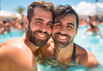portrait LGBT couple in the swimming pool at pool party 
