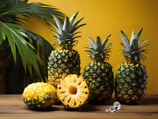 a couple of pineapples sitting on top of a wooden table, tropical fruit