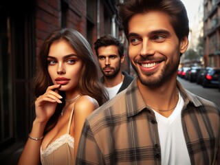 A flirtatious smile exposes a woman's wandering eyes behind her boyfriend's back Generated Image - obrazy, fototapety, plakaty