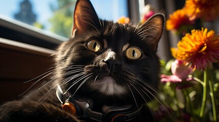 A black cat wearing headphones sits in front of a bouquet of flowers