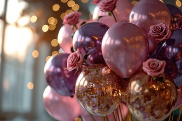 rose gold and gold foil balloons with roses. Copy space