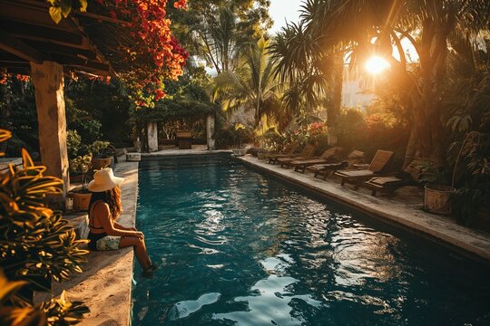 Young beautiful girl resting and relaxing by the pool in the tropics
