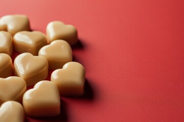 Fototapeta na wymiar Caramel hearts shaped candies on red background. Valentines Days concept, copy space