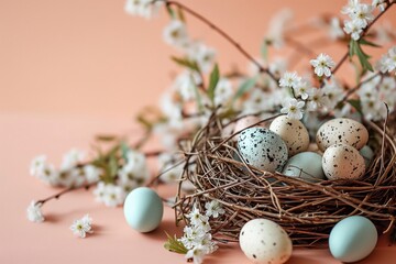 Fototapeta na wymiar Nest with colorful Easter eggs and spring flowers on a peach colored background