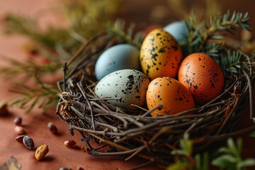 Fototapeta na wymiar Nest with colorful Easter eggs and spring flowers on a peach colored background