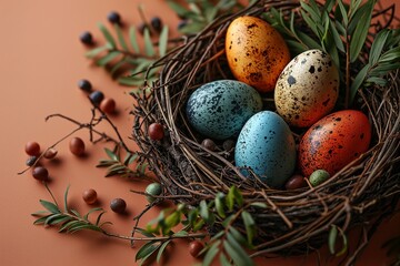 Obraz premium Nest with colorful Easter eggs and spring flowers on a peach colored background