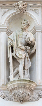 Vicenza - The statue of St. Jude Thaddeus the Apostle on the facade of church Santuario Santa Maria di Monte Berico in the evening light by Orazio Marinali(1688 - ca 1707).