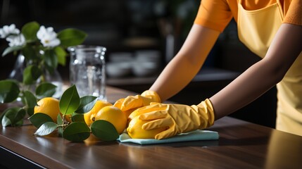 gloved hands wiping counter with lemon halves nearby - obrazy, fototapety, plakaty