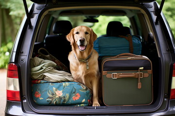 Golden Retriever sitting in the back of a car with luggage