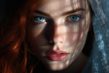 Portrait of a young redheaded woman with blue eyes