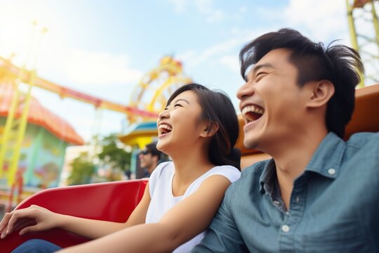 A couple is laughing while riding a roller coaster.