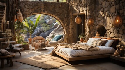 Stone bedroom with a large arched window