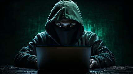 A lone hacker wearing a mask and a hoodie is working on a laptop in a dark room with a green background.