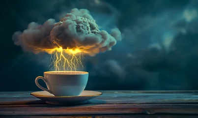Deurstickers Brewed Resilience, Discovering Tranquility in Life's Storms Through the Comforting Embrace of Coffee and Thunderous Skies  © touchedbylight